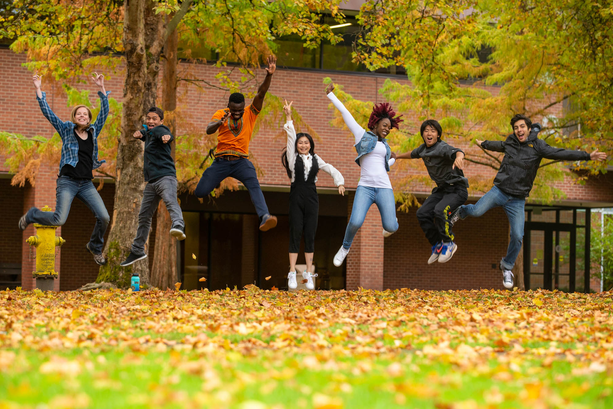 Students jumping in the air over a grassy field with fall leaves on the ground.