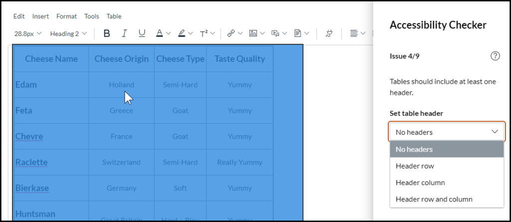 Screenshot showing the table header remediation options in the Canvas Accessibility checker tool.