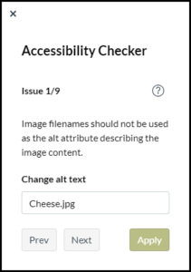 Screenshot showing the Canvas Accessibility Checker tool with feedback and remediation help for alt-text.