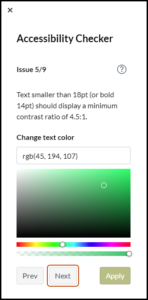 Screenshot showing the Canvas Accessibility Checker tool with feedback and remediation help for color contrast.