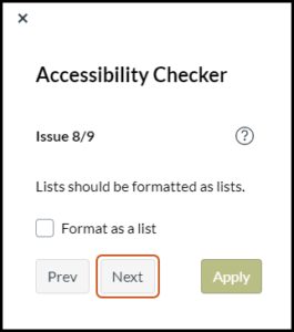 Screenshot showing the Canvas Accessibility Checker tool with feedback and remediation help for list formatting. 