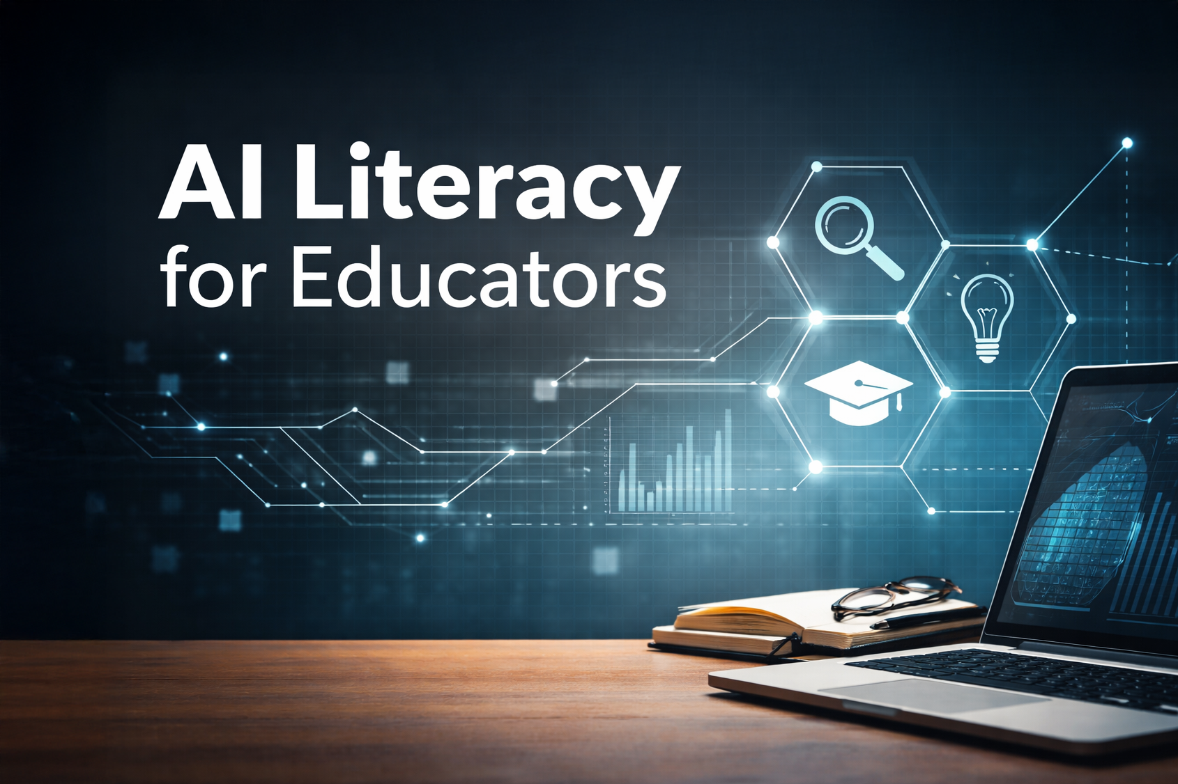 AI Literacy for Educators text over a laptop, open book, and digital icons representing research and education.
