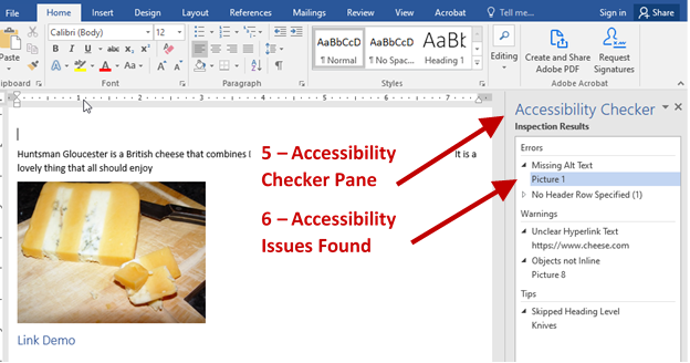 Screenshot with arrows and labels for the Accessibility Checker Pane and Accessibility Issues Found. 