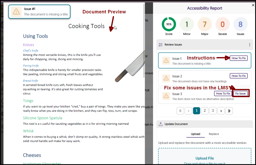 Screenshot of the Document Accessibility Report and preview with instructions on how to fix them.