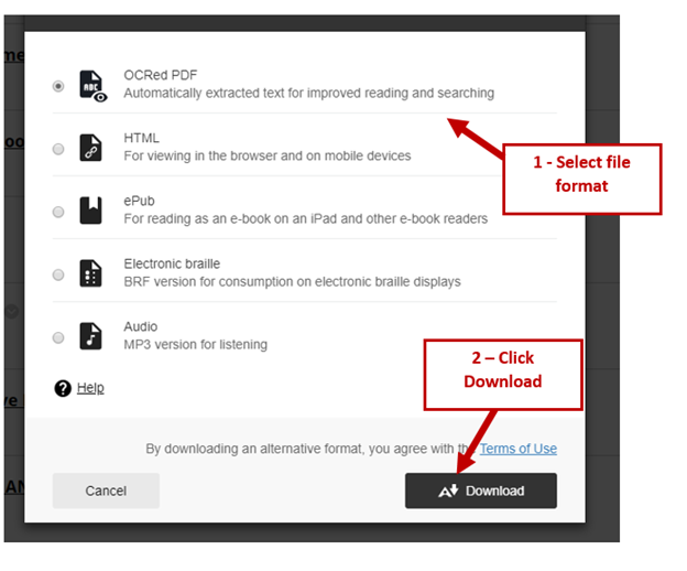 Screenshot of alternative format option menu and download button with identifying arrows for 1) select file format and 2) click download. 