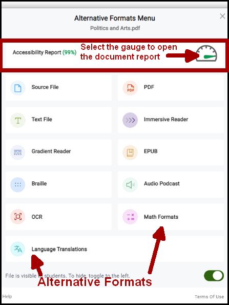 Screenshot of the Alt formats menu with the accessibility report and formats highlighted. 