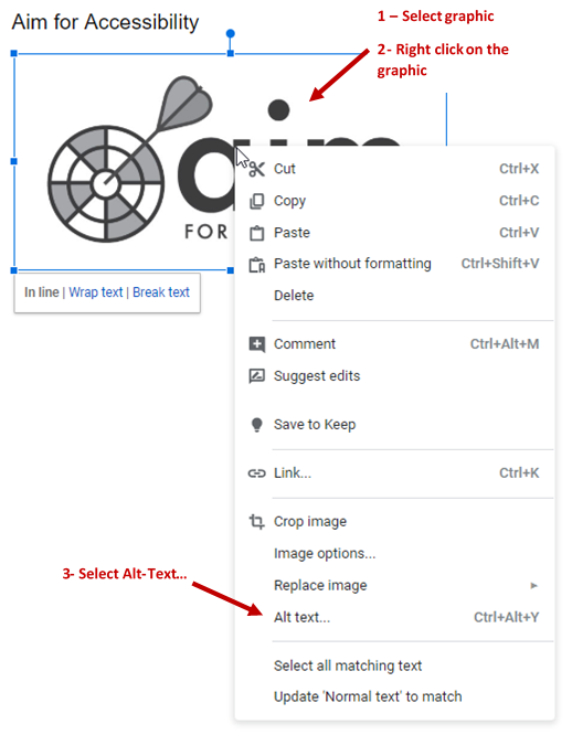 Screenshot of a Google Document with a graphic and arrows pointing to select graphic, right click and select alt-text from the context menu.  