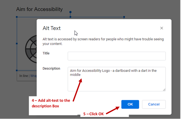 A screenshot of the focus window with graphics and arrows pointing to the description panel box where alt-text is added and the OK button