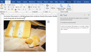 Screenshot of a Word Document with a picture of a piece of cheese. The alt-text box open and contains the following alt-text: 