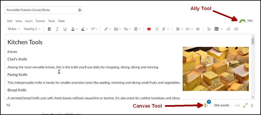 Screenshot showing a page in the Canvas Rich Text Editor with arrows pointing to the Ally Gauge at the top and the Canvas Accessibility Tool at the bottom.