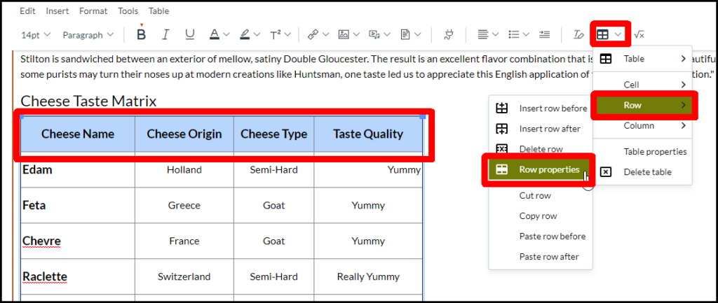 Screenshot showing a table in Canvas with the header row highlighted, and Row and Row Properties selected from the rich text table icon pull down.