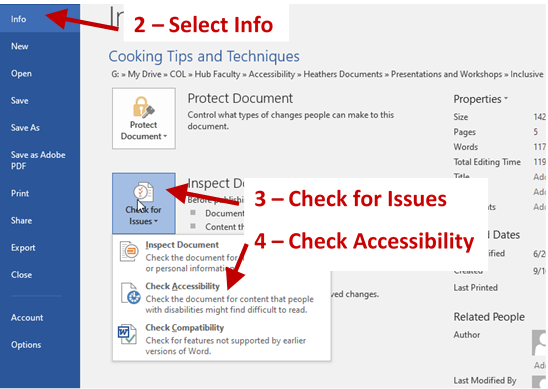 Screenshot of File Tab page with arrows and labels for Select Info, Check for Issues box and the Check Availability menu option. 