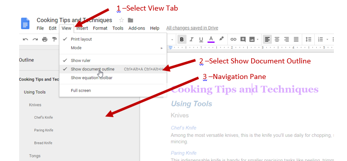 Screenshot showing the View tab, the show document outline selected and the resulting navigation pane