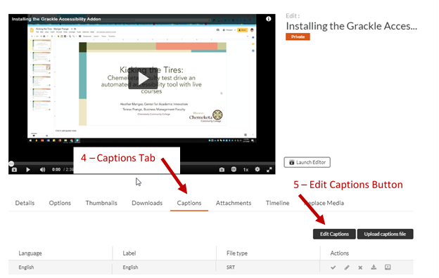Screenshot showing the Video page with caption tab and edit captions button.