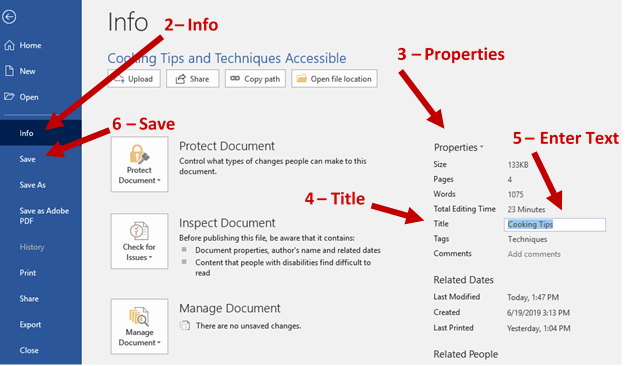 Screenshot showing file tab page with arrows showing 2 – Info, 3 – properties column, 4 -title, 5 – text box where you enter the title and, 6 – the save command.