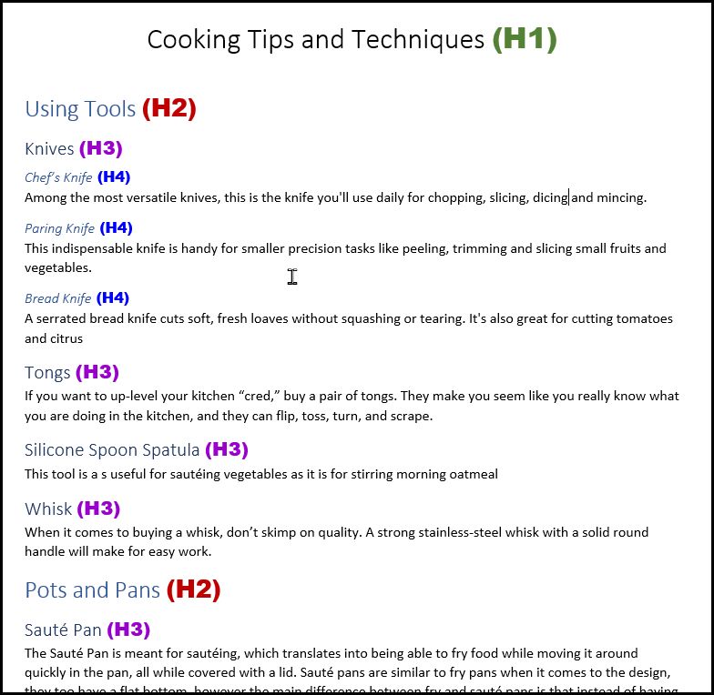 Screenshot showing a document about cooking tools with each of the heading sections labeled with the appropriate heading (Title H1, Main sections H2, sub-sections H3-H4).