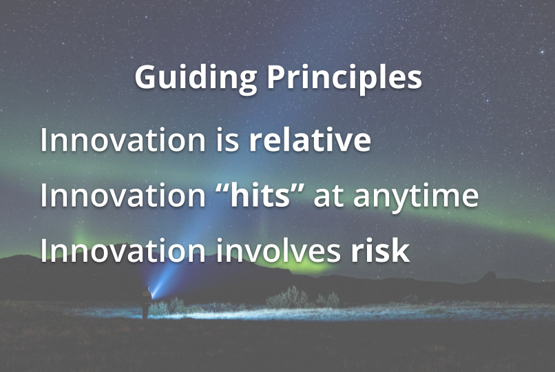 A person standing outside at night with a flashlight pointed to the sky. With text overlay that says Guiding principles, innovation is relative, innovation hits at anytime, innovation involves risk.