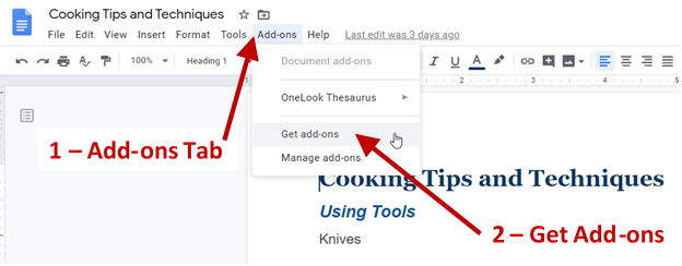 Screenshot of Google Doc showing the add-on tab and drop down menu with the Get add-ons option.