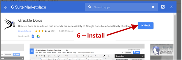 Screenshot showing the install button to install Grackle from the G Suite Marketplace.