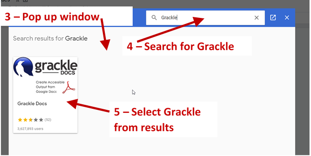 Screenshot showing the pop up window with the search box and the results of a search for Grackle.