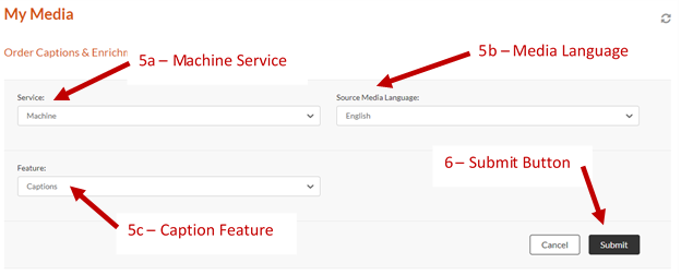 Screenshot showing the My media Order Captions and Enrichment Page with the Service option (Machine), Media Language Option (English), Feature Options (Captions), and Submit Button.