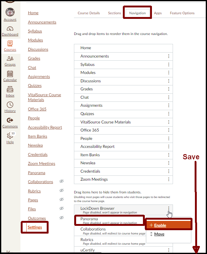 Screenshot of the Settings Navigation tab with Panorama's enable button highlighted and a reminder to save.