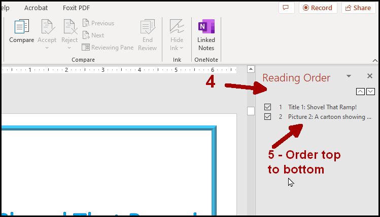 Screenshot showing the opened Reading Order Panel with a note to Order top to bottom.