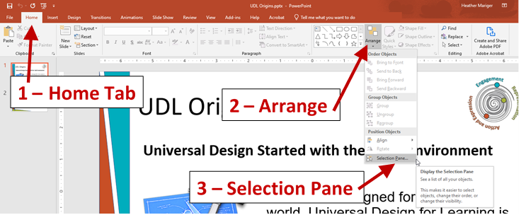 Screenshot of PowerPoint slide showing home tab, arrange toggle and the selection pane in the drop-down menu.