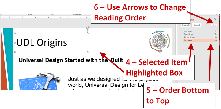 Screenshot showing open order pane with item selected, the top to bottom order, and the arrows to change reading order.