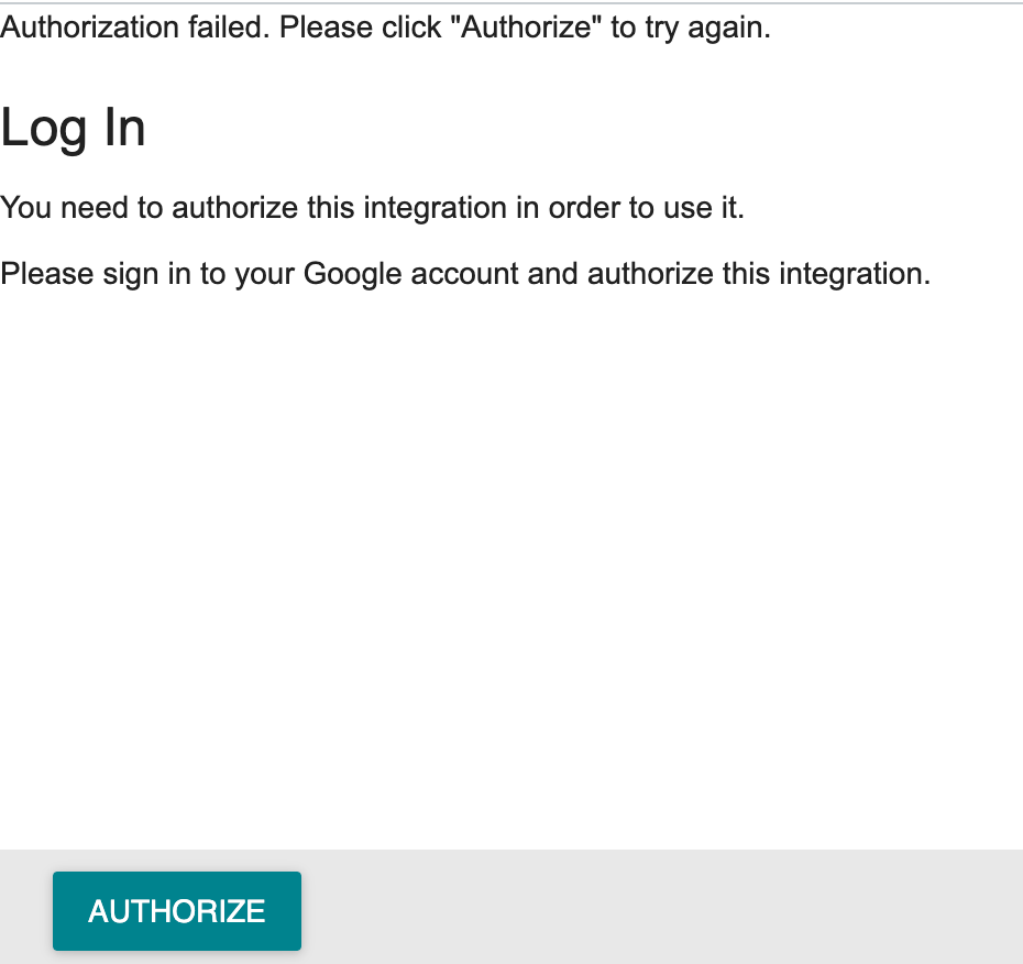 Screenshot of error message in Canvas: "Authorization failed. Please click "Authorize" to try again.