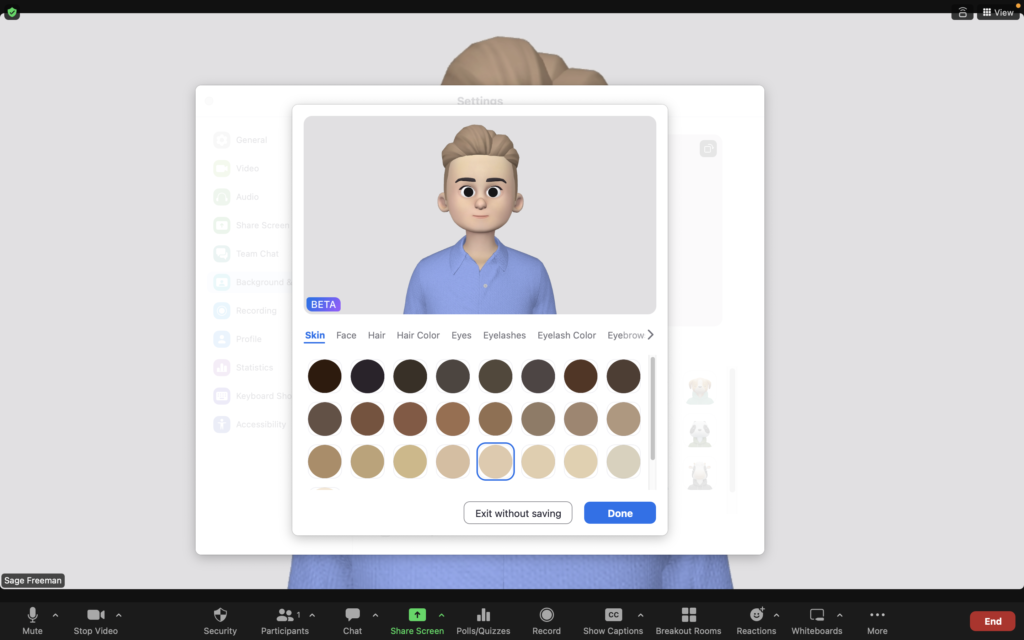 Screenshot showing the customization options for human avatars in Zoom.