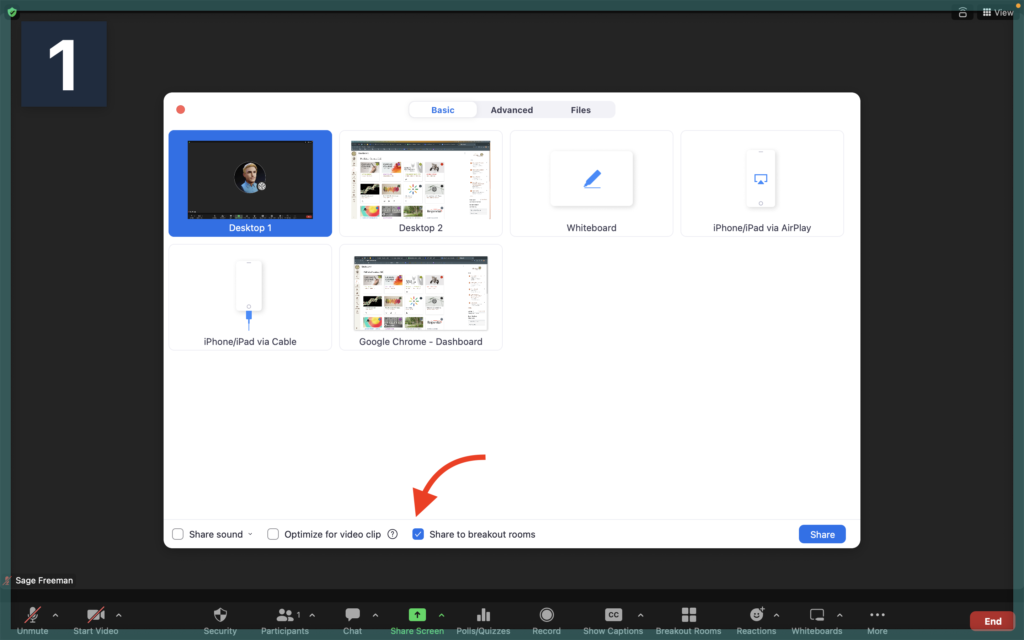 Screenshot showing the Broadcast shared screen to Breakout Rooms in a Zoom Meeting.