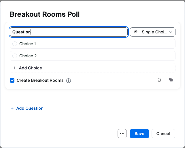 Screenshot showing the  poll creation in Zoom with the Create Breakout Rooms option checked.
