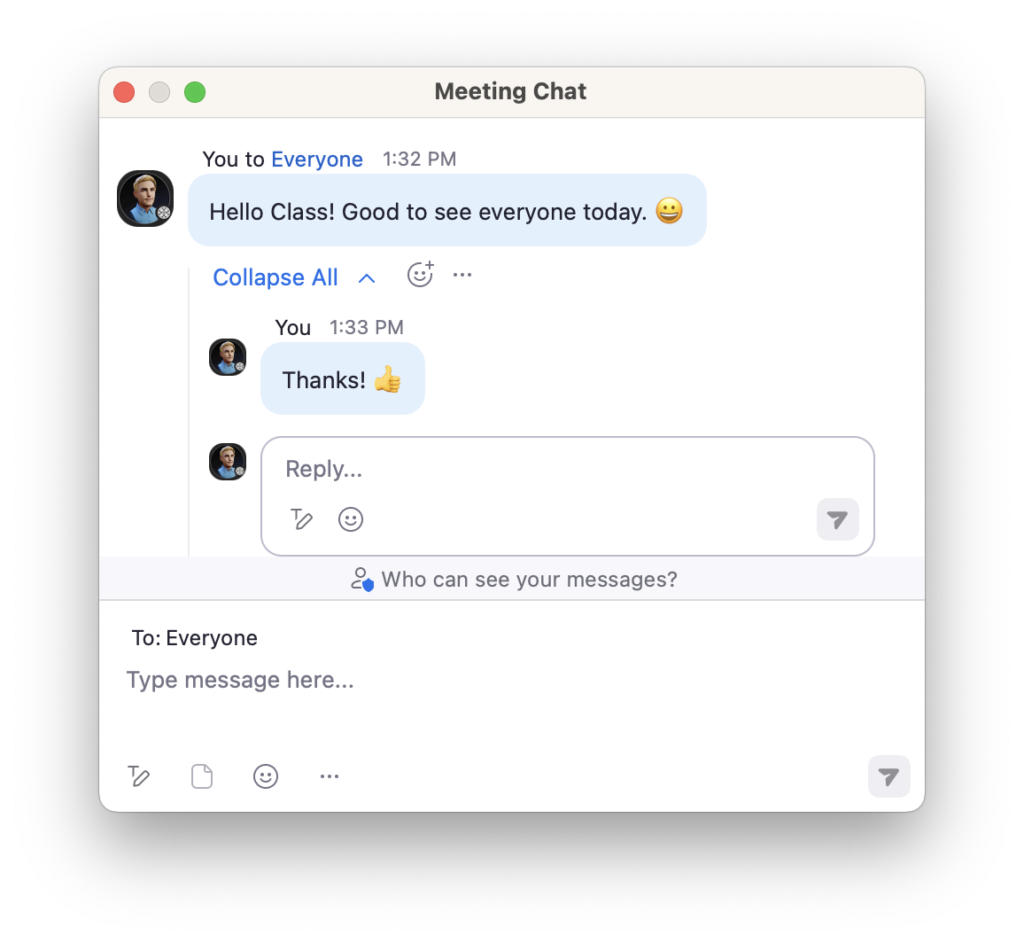 Screenshot of the Zoom New Meeting Chat Experience