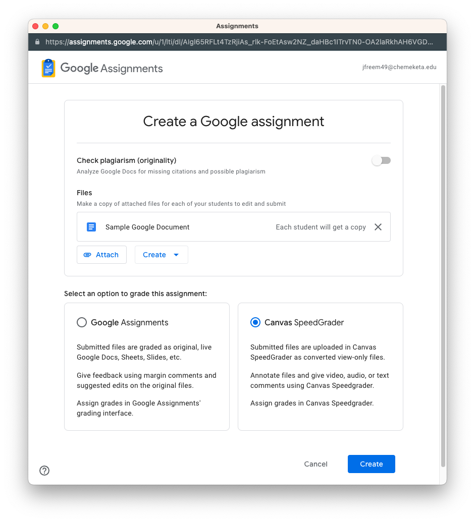 Screenshot showing the new Google Assignments LTI options in Canvas.