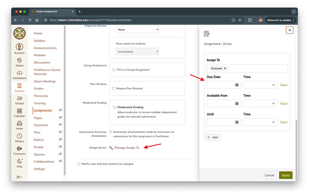 Screenshot showing the new user interface for managing dates and assign to settings in Canvas.