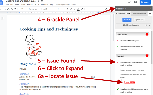 Screenshot of Google Document showing Grackle Panel, Issue Found and expanded, and a tag to locate an issue.