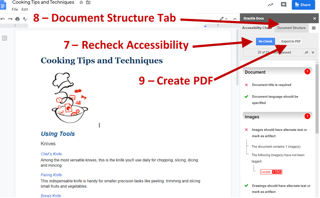 Screenshot showing the Re-check button, the Document Structure Tab and the Create PDF Button.