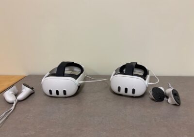 Meta Quest 3 VR Headsets in VR Studio with HDTV located in Bldg 8 Salem campus.