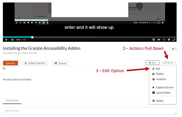 Screenshot of video page with arrows showing the action pull down menu and edit option.