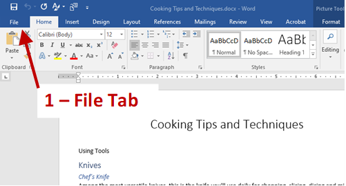 Screenshot of Word Home Page with an arrow identifying the File tab.