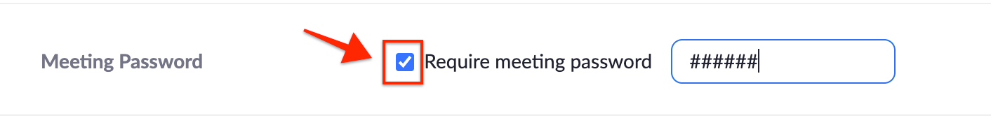 Screenshot snip showing the Require Meeting Password setting when scheduling a zoom meeting.