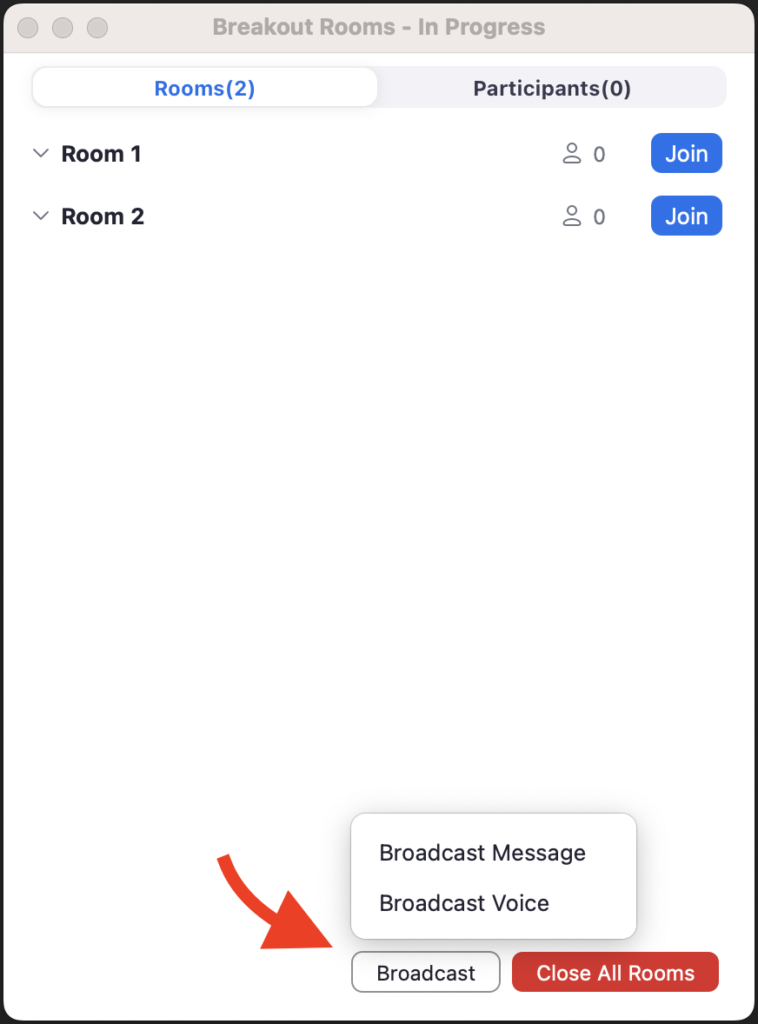 Screenshot of the Zoom app showing the Broadcast voice or message to breakout rooms feature in a Zoom meeting.