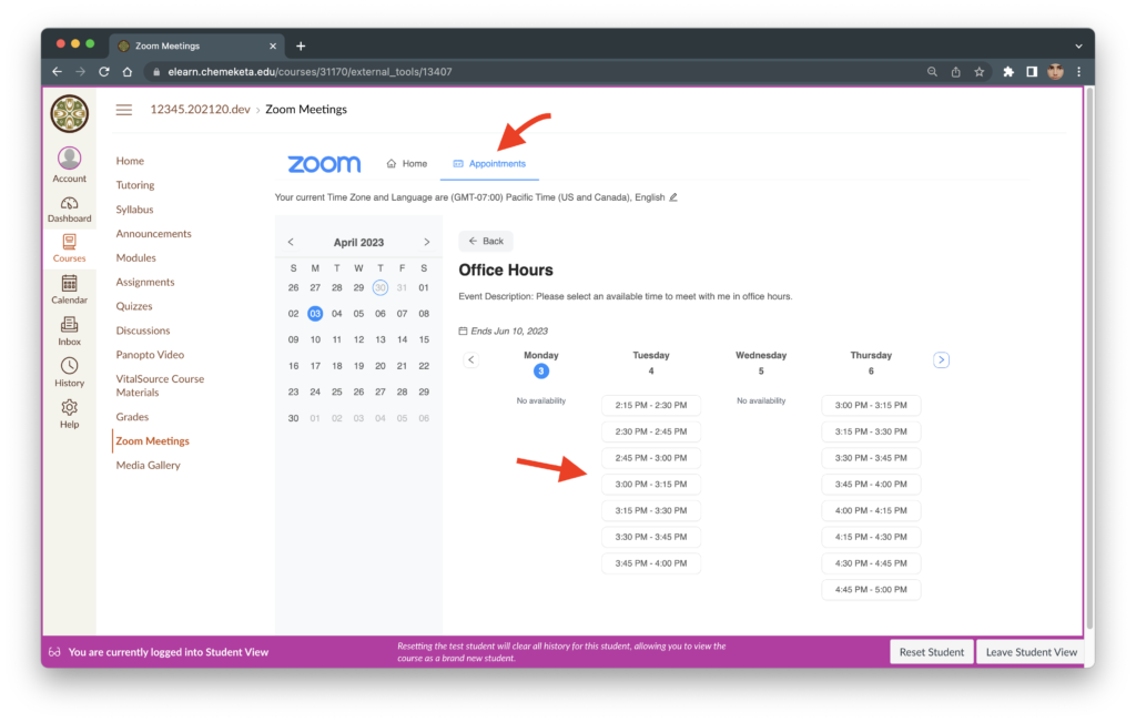 Screenshot showing the Zoom Book Appointment options for students in Canvas.
