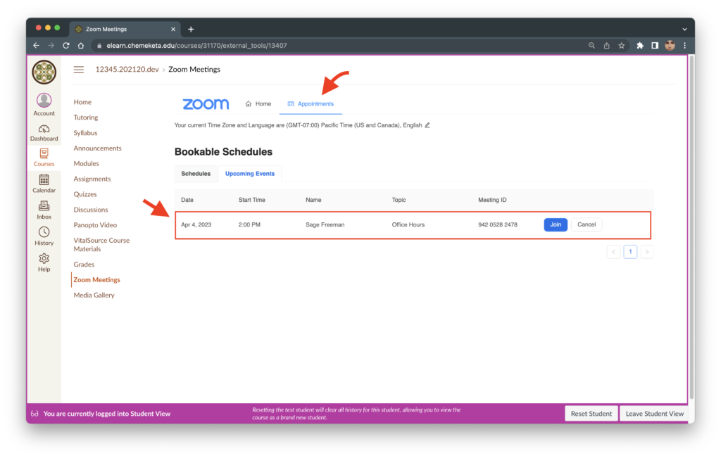 Screenshot showing the Upcoming Events options for Zoom appointments for students in Canvas.