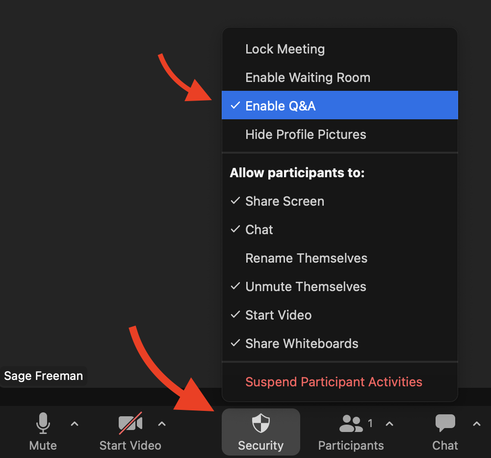 Screenshot of the Zoom app showing the Enable Q&A feature from the Security menu options in a Zoom meeting.