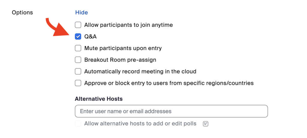 Screenshot snippet showing the Q&A options when scheduling a Zoom meeting.