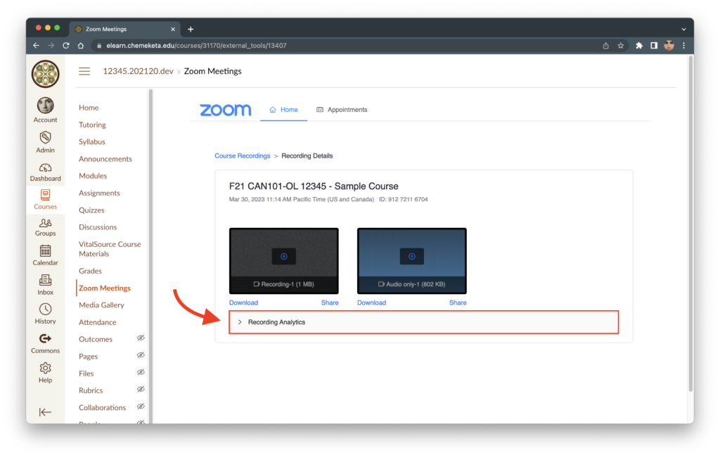 Screenshot showing the Recording Analytics options for Zoom Meetings in Canvas.