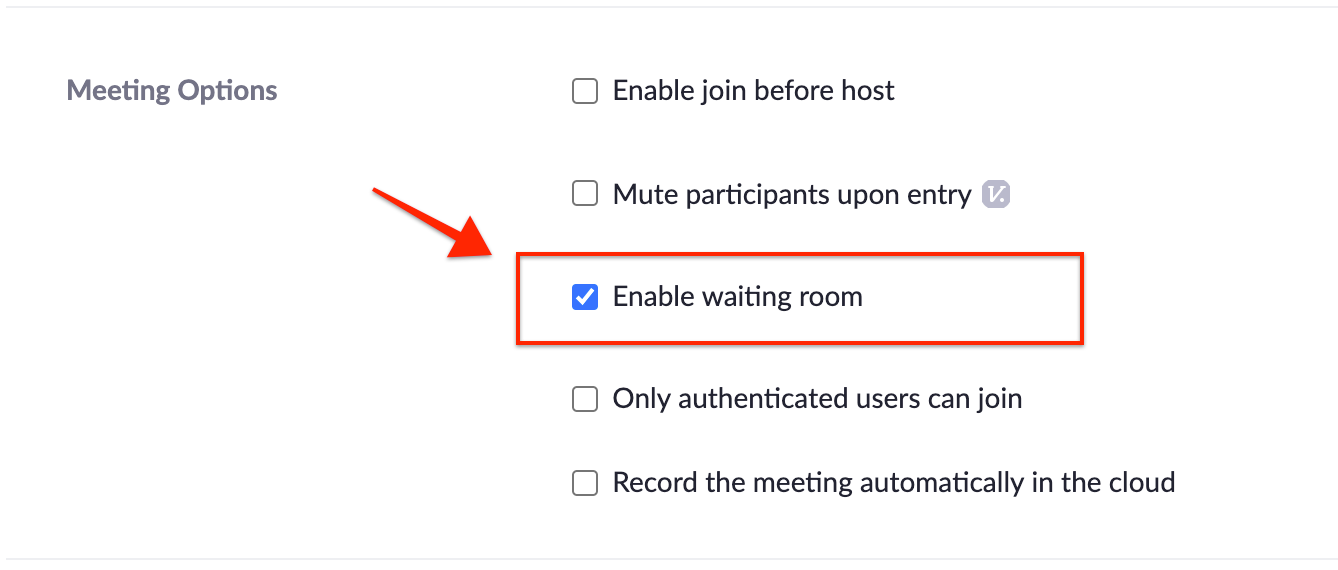 Screenshot snip showing an arrow pointing to the Enable Waiting Room in the Zoom schedule meeting details.