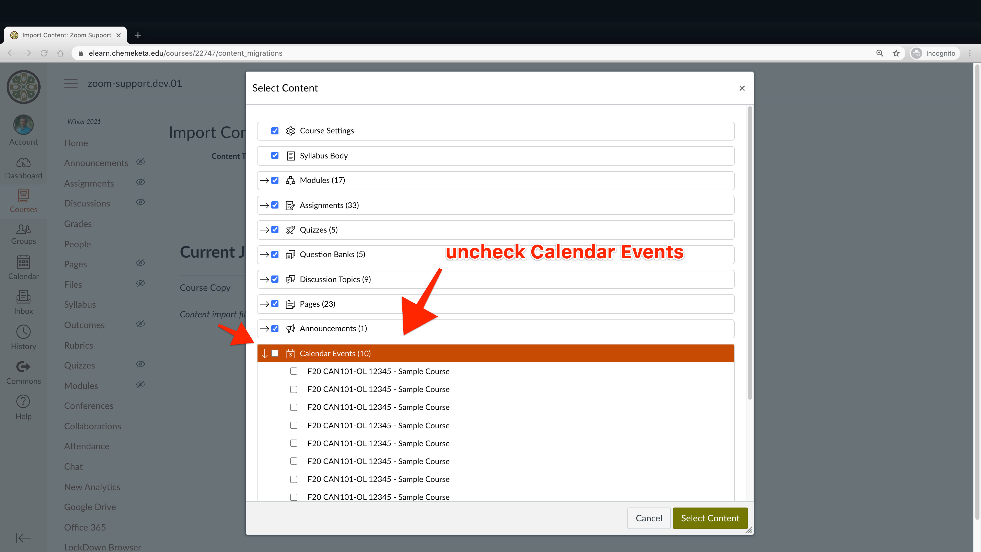 Screenshot showing the uncheck Calendar Events setting in the Select Content Copy a Canvas Course process.